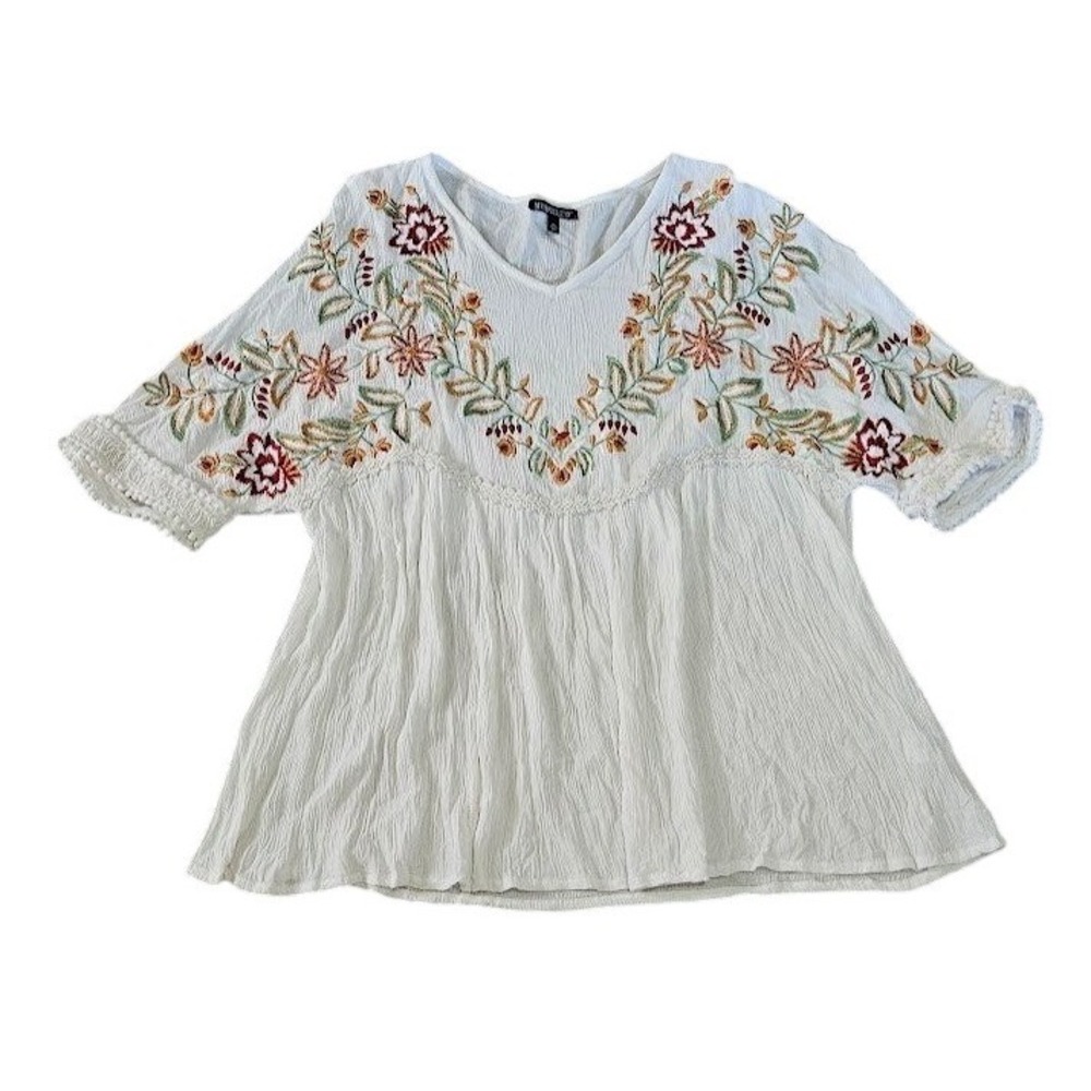 The Pyramid Collection Babydoll Blouse XL Rayon Floral White Embroidered Boho